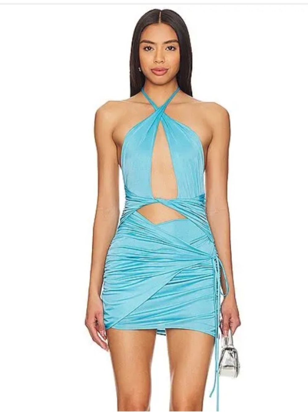 Mother of All Quinn dress Sky Blue Halter Cutout Ruched Mini Revolve M